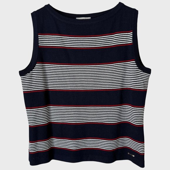 St. John Sport Marie Gray Striped Santana Wool Knit Tank Top Blue Women's Large - Picture 1 of 12